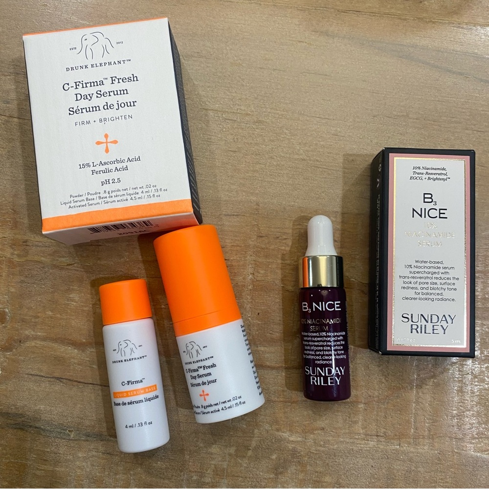 2 skincare favorites- Drunk Elephant C firms fresh serum Sunday Riley B3 Nice